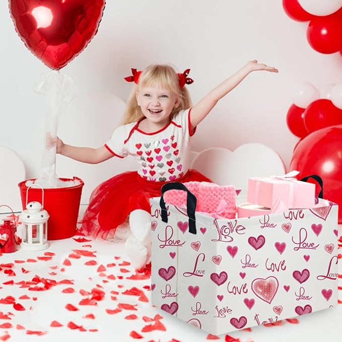 FXOCSHE Rectangular Pink Valentine's Day Gift Basket,nursery basket,Pink girls gift baskets,kids toy storage Bin, Love Heart Room Decor for Home,Shelf Baskets(Beautiful love)