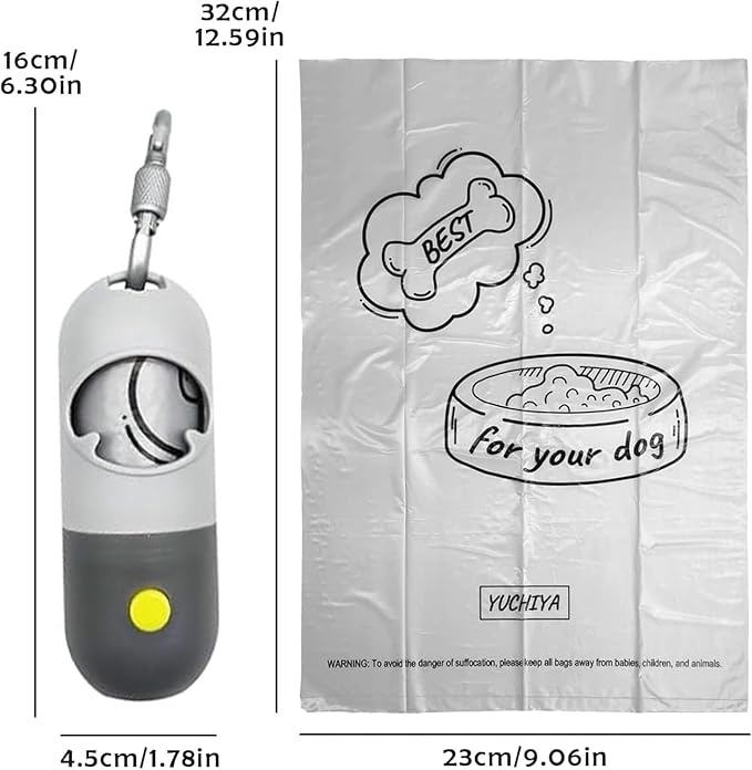 Dog Poop Bag Dispenser with Flashlight|Holder with Leash Clip|Hands-Free Leash Poop Bag Holder with Straps and 1 Roll Dog Waste Bags (Light Gray)(2 Pack)