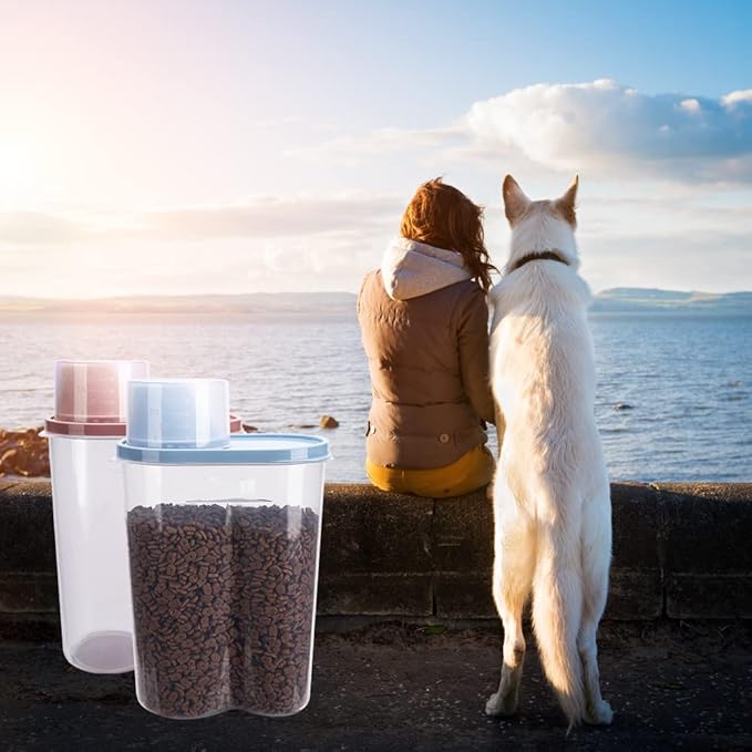GreenJoy 2 Pack 2lb/2.5L Pet Food Storage Container with Measuring Cup, Can Covers and Bowl for Small Dog, Cat, Waterproof-BPA Free (Blue and Pink)
