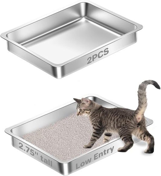 2 Pack Low Entry Stainless Steel Cat Litter Boxes, Metal Shallow Litter Box, Easy Access Kitty Litter Pan Tray, Easy Cleaning -17.72'' Lx 13.78'' W x 2.76'' H