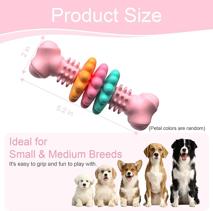 Puppy Teething Toy, Indestructible Dog Chew Toys for Aggressive Chewers, Interactive Bone Dog Toy for Small & Medium Breeds, Tough Puppy Toys to Keep Them Busy and Clean Teeth (Pink)