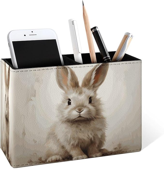 Famame Brown Rabbit Bunny Pencil Holder for Desk, Leather Desktop Container Pen Cup Storage Study Table Pen Organizer Makeup Brush Holder for Classroom Office Home