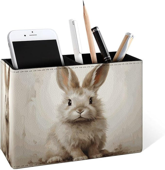 Famame Brown Rabbit Bunny Pencil Holder for Desk, Leather Desktop Container Pen Cup Storage Study Table Pen Organizer Makeup Brush Holder for Classroom Office Home