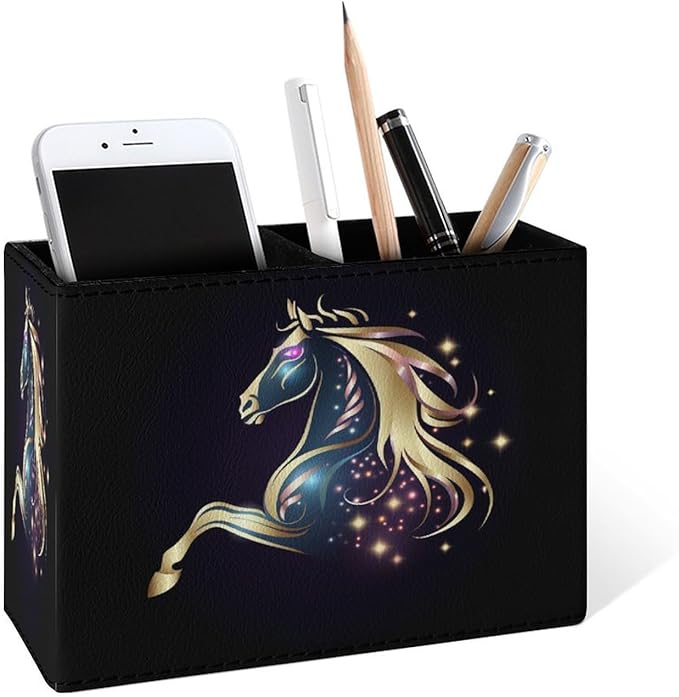 Famame Magic Horse Pencil Holder for Desk, Leather Desktop Container Pen Cup Storage Study Table Pen Organizer Makeup Brush Holder for Classroom Office Home