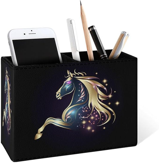 Famame Magic Horse Pencil Holder for Desk, Leather Desktop Container Pen Cup Storage Study Table Pen Organizer Makeup Brush Holder for Classroom Office Home