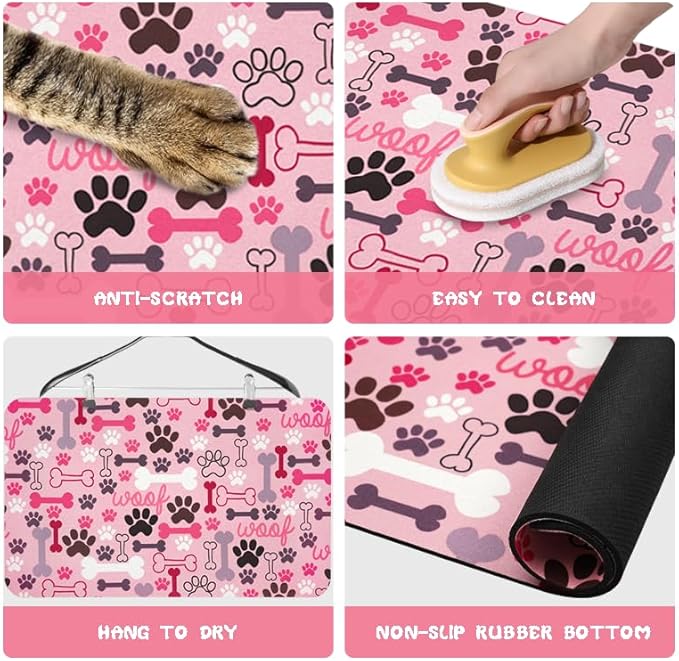 Dog Food Mats for Floors Waterproof, Pet Water Bowl Mats Pet Feeding Absorbent Placemats Pink 17 * 30 inch