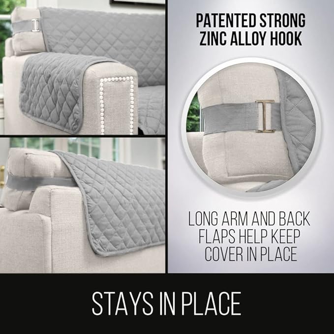 Sofa Shield Couch Recliner Covers for Dogs, Reversible Furniture Protector with Strap, Stain and Tear Resistant Cushion Cover, 25 inch Seat, Machine Washable Slipcover Pets, Cats, Light Gray