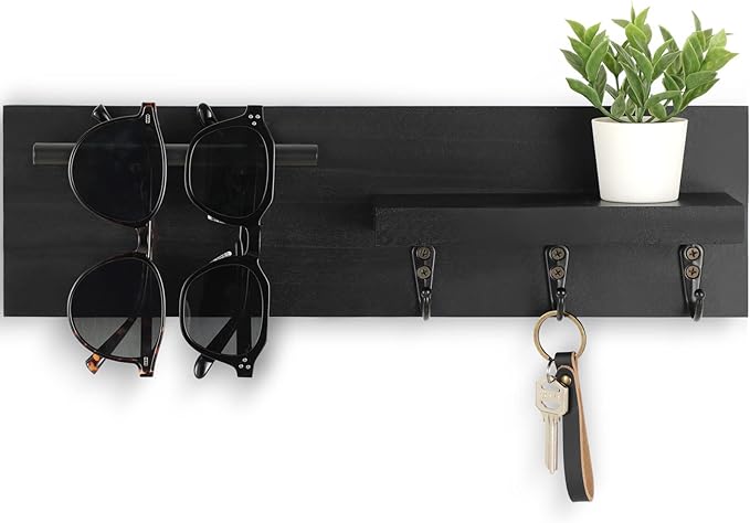 Lucundm Key Holder for Wall, Decorative Entryway Shelf with Hooks Holds Keys, Dog Leash, Sunglasses – Key Hanger with 3 Hooks Organizes, Enhances Home Decor (15” x 4.5” x 2.6”) (Black)