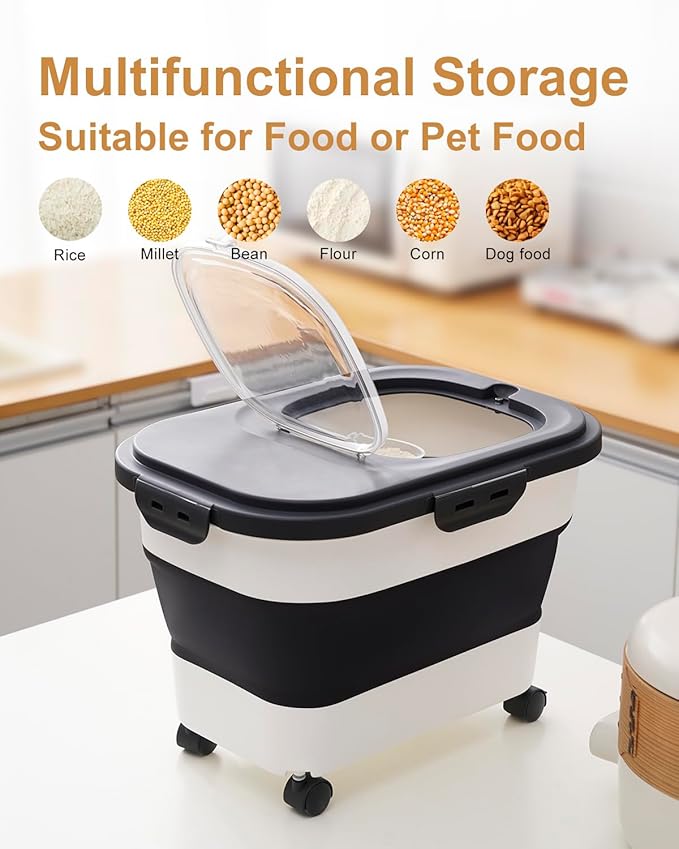DDMOMMY 20-30 Lbs Rice Storage Container,Collapsible Food Storage Containers with Rolling Wheel Airtight Locking Lid,Flour Storage Container with Cup and Scoop,Suitable for Food,Rice,Pet Food,Flour