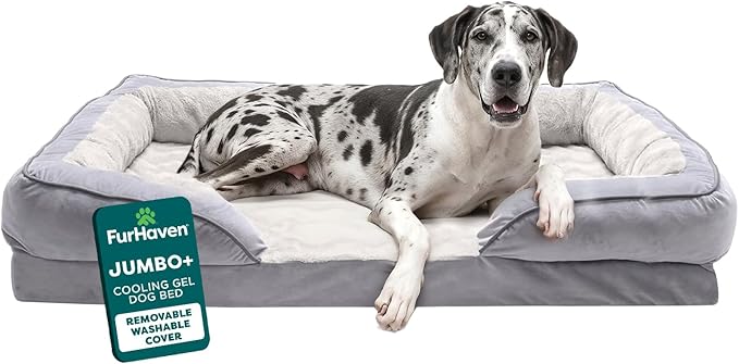 Furhaven Cooling Gel Dog Bed for Large Dogs w/ Removable Bolsters & Washable Cover, For Dogs Up to 125 lbs - Plush & Velvet Waves Perfect Comfort Sofa - Granite Gray, Jumbo Plus/XXL