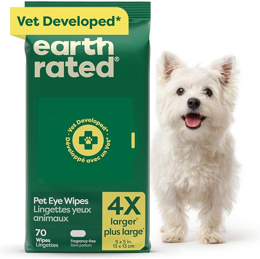 Earth Rated Vet-Developed Pet Eye Wipes, Hypoallergenic Cleaner for Dogs & Cats Eyes to Remove Dirt & Discharge, Fragrance Free, 70 Count