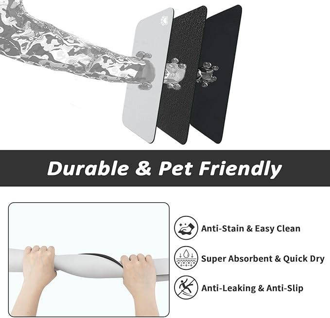 Dog Food Mat - Absorbent Cat Mat for Food and Water, No Stains Pet Feeding Bowl Mat, Easy to Clean Pet Placemats, Quick Dry Dog Water Dispenser Mat for Messy Drinkers | Paw Light Grey 12"x 19"