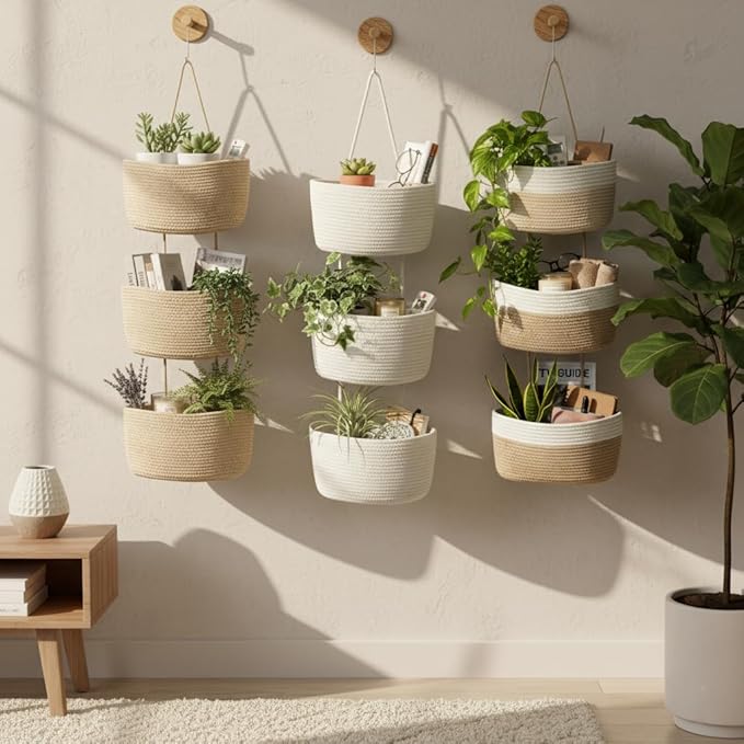 Wall Hanging Baskets, 3-Tier Cotton Over Door Organizer, Decorative Hanging Wall Basket for Wall, Door, Nursery, Living Room, Bathroom, Cat-Like Design Boho Decor, White & Jute
