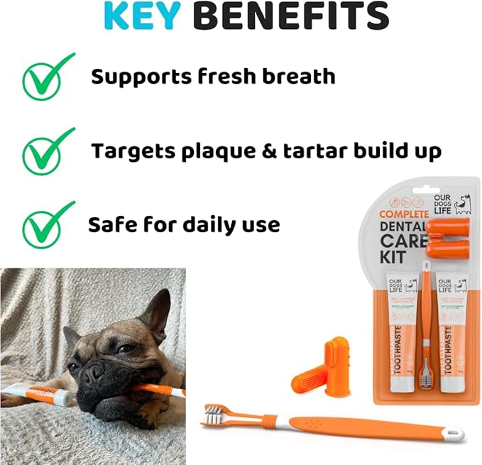 Dog Toothbrush with Toothpaste | Approved Dog Dental Kit | One Triple Headed Deep Cleaning Toothbrush for Dogs-Two 100% Natural Toothpaste(90g Each)-Two Finger Brushes | Freshen Breathe Remove Plaque