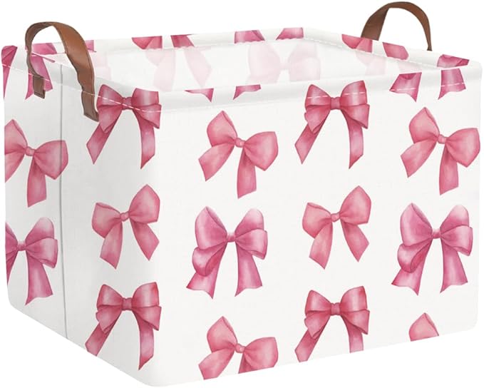 FXOCSHE Rectangular Pink Girls basket,Delicate pink bow girls nursery laundry basket,Pink Laundry Hamper,kids waterproof collapsible canvas basket,Toy bins,Girls Room decor(Bowknots)
