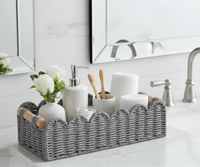 CubesLand Bathroom Basket Organizer, Toilet Tank Paper Storage Baskets 2-Pack, Scalloped Decorative Basket for Countertop w/Handle, Wicker Basket for Bathroom Decor, Home Decor, Living Room, Grey