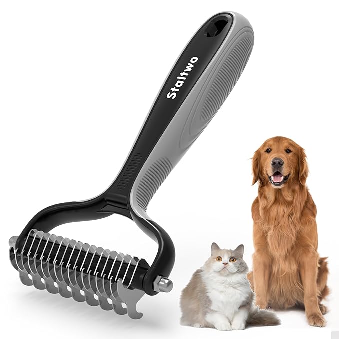 Staltwo Pet Grooming Supplies - 2-in-1 Professional Undercoat Rake and Pet Brush | Shedding Control for Long-Haired Dogs and Cats, Deshedding Tool, Knot Removal,Grey