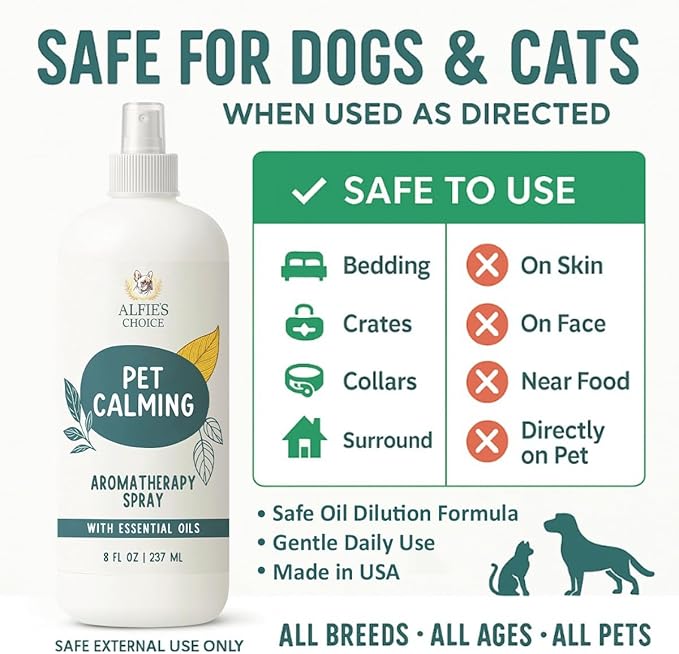 ALFIE'S CHOICE Pet Calming Aromatherapy Spray – Cat Calming Spray for Indoor Use & Travel – Dog Relaxation Mist with Essential Oils – Natural Scent for Grooming, Loud Noises – 8 fl oz