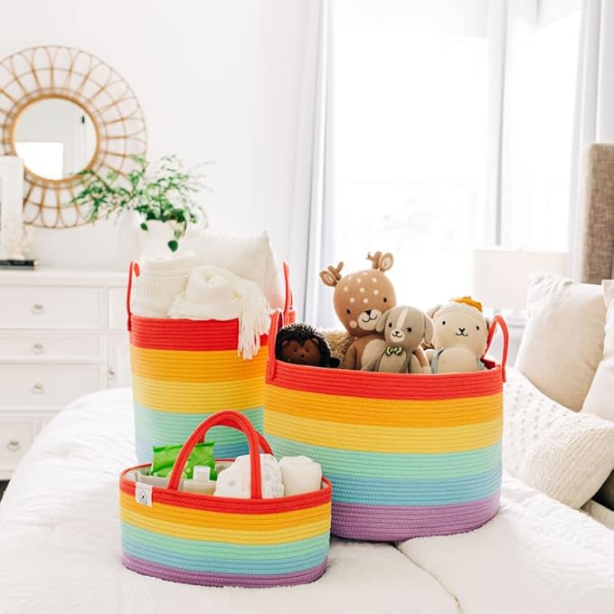 OrganiHaus Rainbow Nursery Storage Basket, Cotton Rope Toy & Diaper Caddy Organizer with Handles, Baby Diaper Organizer, Foldable Design, Machine Washable, Ideal for Baby Room & Laundry