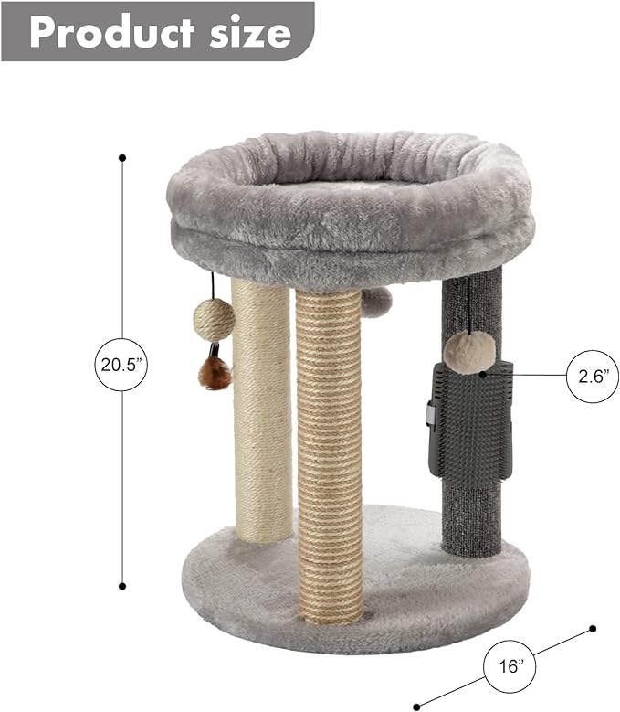 MECOOL 4in1 Small Cat Tree,Scratching Post with Tower Soft Bed, Sisal Carpet Jute Posts with Three Hanging Ball Toys and Massage Brush for Indoor Cats and Kittens