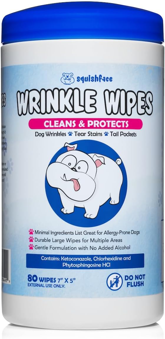 Squishface Wrinkle Wipes – 5”x7” Large Dog Wipes - Deodorizing, Tear Stain Remover – Great for English Bulldog, Pugs, Frenchie, Bulldogs, French Bulldogs & Any Breed! (80 Count)