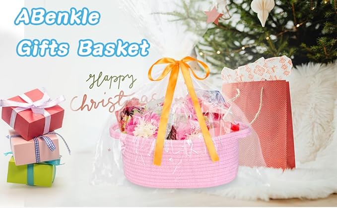 ABenkle Small Woven Easter Basket with Handle, 12x8x5 inches, Durable Storage Basket, Gift Wrap Ready with Ribbon