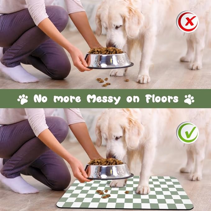 Dog Food Mats for Floors Waterproof, Pet Water Bowl Mats Pet Feeding Absorbent Placemats Plaid 24 * 32 inch