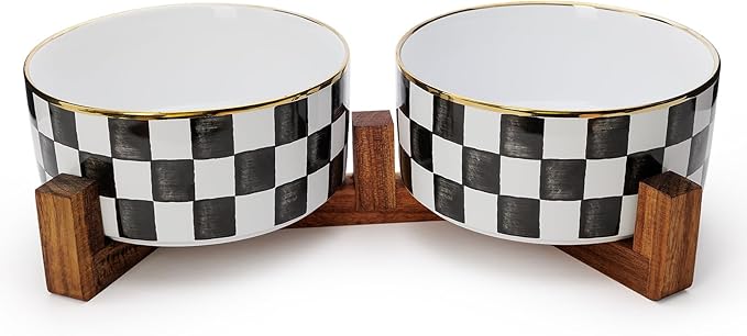 Ceramic Dog Bowls for Medium Dogs, 3.5 Cup Checkered Dog Food and Water Bowl with Acacia Wood Stand, Non-Slip Anti-Tip Elevated Feeding Station, Black and White
