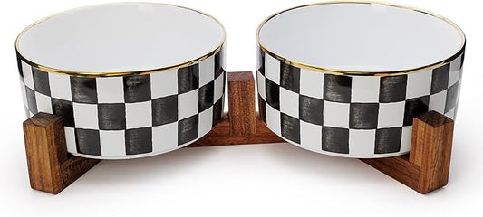 Ceramic Dog Bowls for Medium Dogs, 3.5 Cup Checkered Dog Food and Water Bowl with Acacia Wood Stand, Non-Slip Anti-Tip Elevated Feeding Station, Black and White