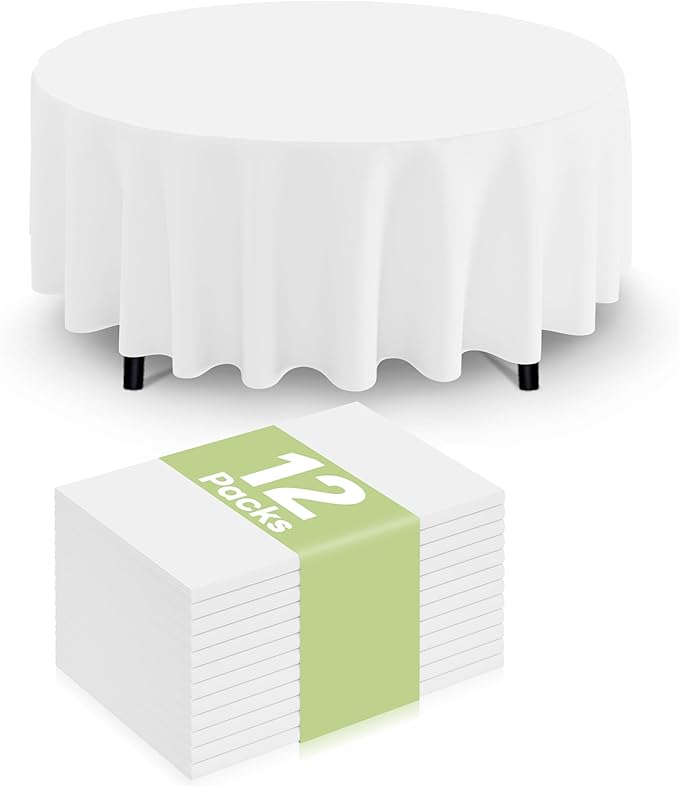 Smiry Disposable Table Cloth 12 Pack, 84 Inch Round Waterproof Plastic Tablecloth, Decorative Rectangle Table Covers for Party, Birthday, Picnic, White