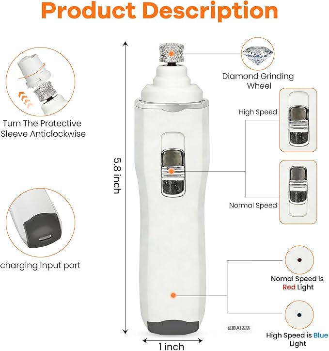 Tife Dog Nail Grinder,2 Speed Electric Rechargeable Dog Nail Trimmer,Quiet and Low-Vibration Pet Nail Grinder,Painless Dog&Cat Grooming Supplies for Large Medium Small Pets