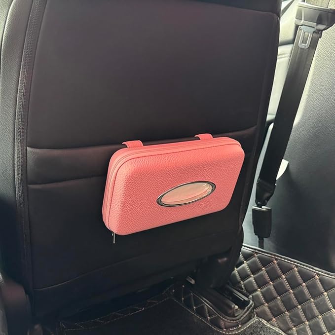 Car Tissue Holder, Sun Visor Tissue Holder, Zipper Car Visor Napkin Holder, PU Leather Backseat Tissue Case for Car,Vehicle (Pink)