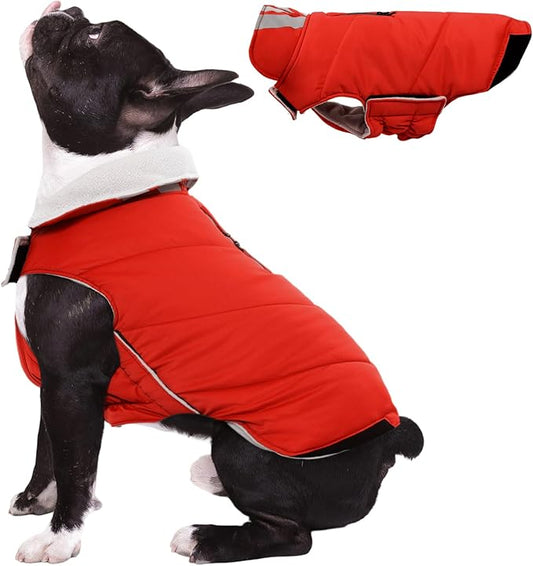 Kuoser Dog Winter Coat Cold Weather Reflective Waterproof Dogs Jacket, Warm Fleece Lined Turtleneck Doggy Vest with Zipper, Dog Snow Jacket Pet Apparel for Small Medium Large Dogs, Red XS