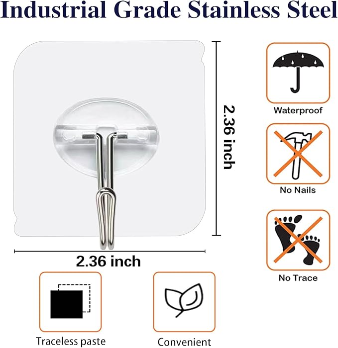 150 Pack Adhesive Hooks Wall Hooks 24lb(Max) Self Adhesive Hooks Heavy Duty,Transparent Reusable Adhesive Wall Hooks for Hanging for Kitchens, Bathroom, Office
