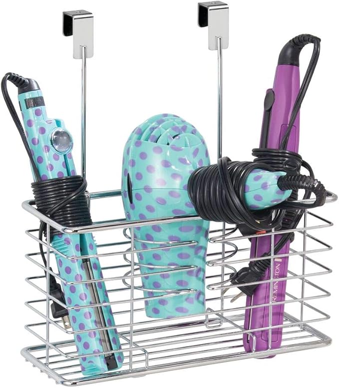mDesign Steel Over Cabinet Hair Dryer Holder Storage, Chrome, 5.2in x 10.2in x 12.3in