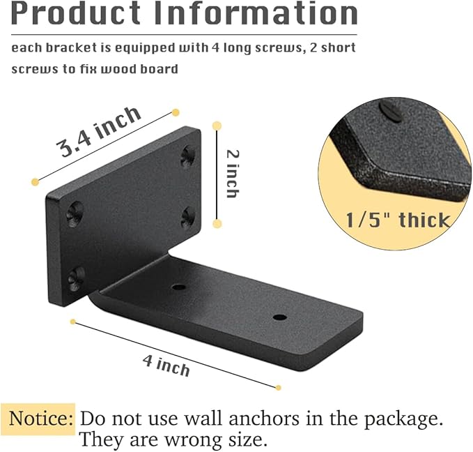 6 Pack Shelf Brackets 4 Inch Floating Shelf Bracket 1/5 inch Thick Heavy Duty Hidden Shelf Brackets Iron Metal Brackets for Shelf Support with Screw Included