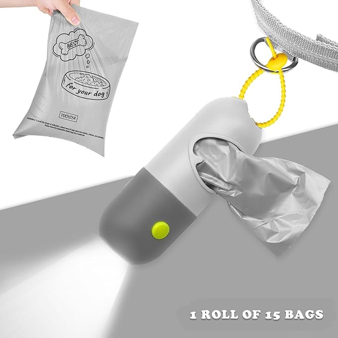 Dog Poop Bag Dispenser with Flashlight|Holder with Leash Clip|Hands-Free Leash Poop Bag Holder with Straps and 1 Roll Dog Waste Bags (Light Gray)(2 Pack)