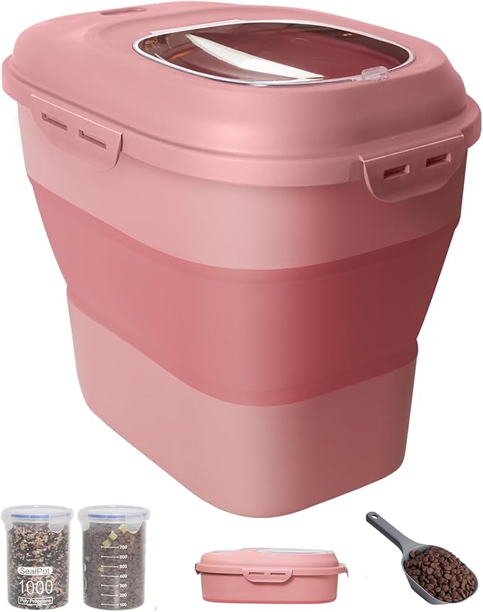 DDMOMMY 30-35 Lbs Dog Food Storage Container Collapsible Dog Food Container with Airtight Lids, Wheels, Scoop and 2pcs Food Storage Containers, Large Pet food storage for Dog, Cat (Pink)
