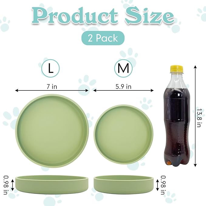 Silicone Cat Food Bowls Shallow Cat Dishes 5.9in Wide Pet Plates Set of 2 Small Flat Dog Saucer Bowl Cute Whisker Fatigue Kitten Feeding Dish for Dry & Wet Food (Round Bean Green)