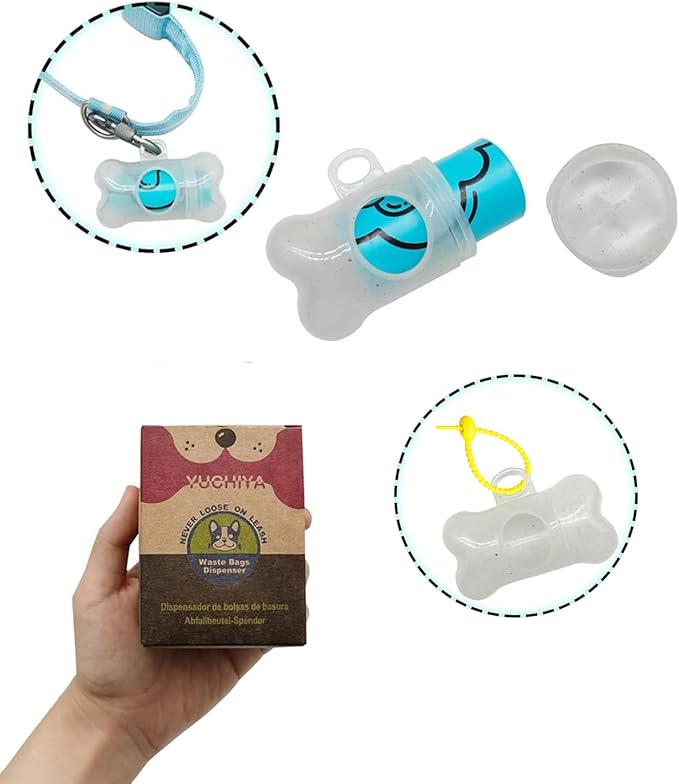 Dog Poop Pickup Bags Holder Dispenser with Leak-Proof Scented Doggy Waste Bags and Carabiner with Safety Lock Plus Hook and Loop Fastener Never Loose on Leash Lead Again (1 Holder 195 Bags, Clear)