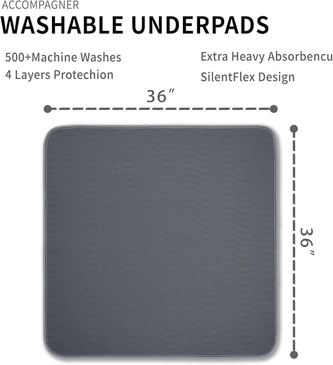 Accompagner Waterproof Reusable for Adults and Pets Washable Pee Pads for Dogs Changing Pad Large Dog Bed Size Adults Incontinence Bed Pads - Non-Slip Leak-Proof (Dark Gray, 36"x36"(Pack of 4))