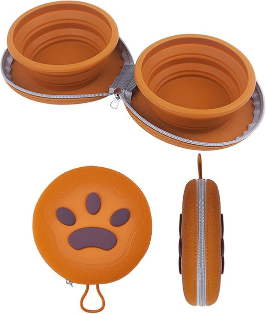 Collapsible Dog Bowls,2-in-1 Pet Bowls with Zipper Carrying Case and Carabiner Clip for Traveling Hiking Camping Walking,Brown