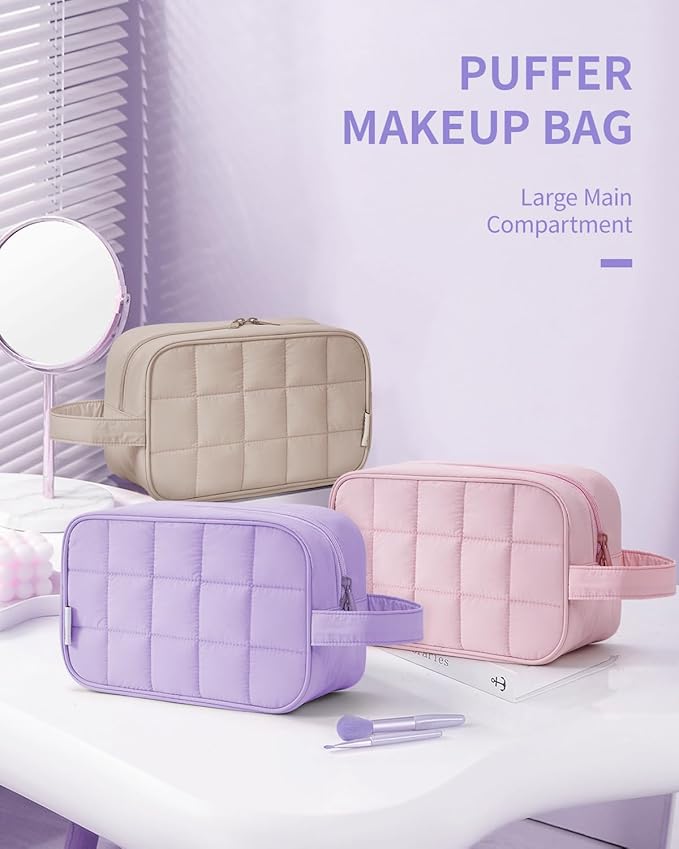 Narwey Puffy Travel Toiletry Bag for Traveling Women Girl, Travel Bag for Toiletries, Cute Travel Makeup Bag Organizer, Quilted Cosmetic Bag Make Up Skincare Medicine Bags