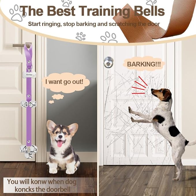 Leather Dog Bells, Puppy Potty Training Bell Dog Doorbell Potty Train Dog Bell for Potty Training Door Bells for Dogs to Ring to Go Outside Jingle Bells (Leather Purple 1 PCS)