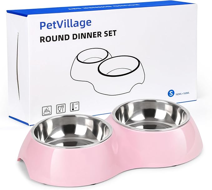 Petvillage Stainless Steel Dog Bowls Set – Dual Non-Slip Pet Dishes with 2 Small (4oz*2) Bowls & Durable Resin Stand,Food & Water Feeder for Kittens– Pink