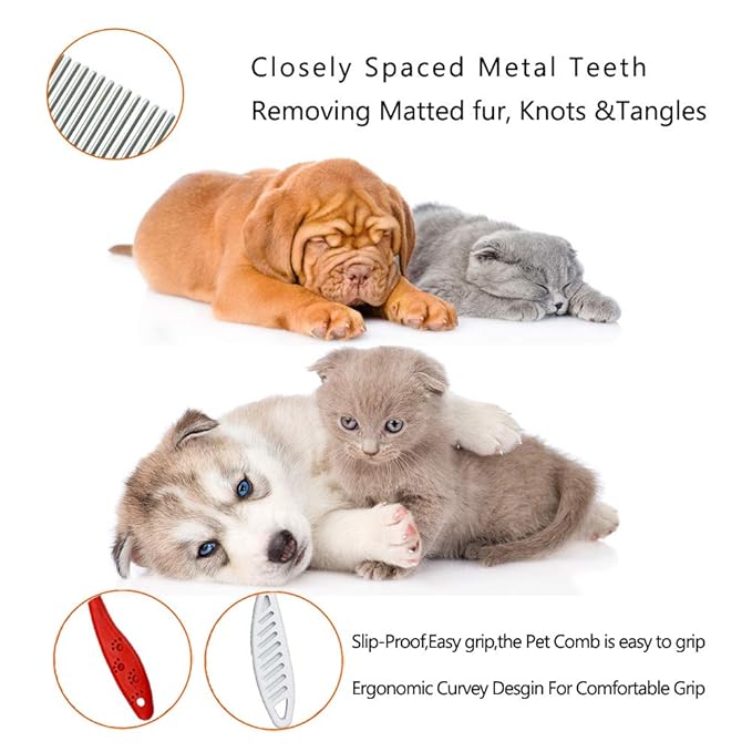 Sorxine Pet Comb for Dogs & Cats,Small Dog & Cat Grooming Comb 2 Combs,Pet Stainless Steel Teeth Dogs Comb for Removing Matted Fur, Knots & Tangles,Shedding Comb,Red