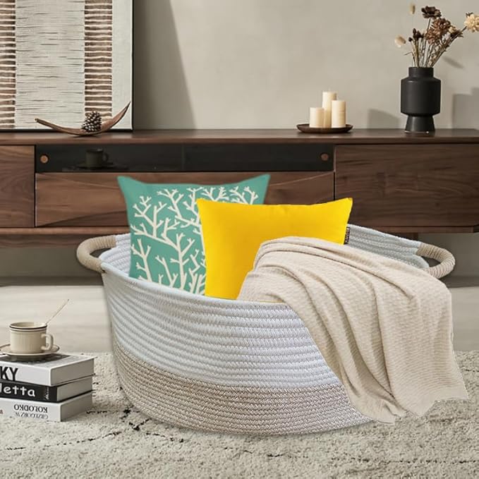 Large Cotton Rope Storage Basket with Handles, Hamper, Laundry Basket, 20 "L x 14" W x 12 "H, Home Decor for Storage Blanket &Toy, etc .(White & Light Khaki)