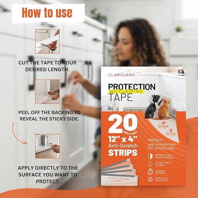 CLAWGUARD Protection Tape Strips – 20 Pre-Cut 12x4 in Scratch Barriers – Door Scratch Protector Dog & Cat – Couch Protector from Cat Claws