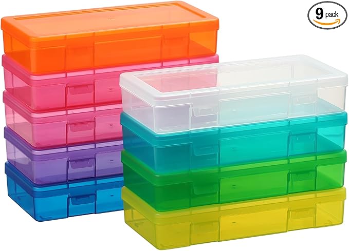 novelinks Plastic Small Storage Bins with Lids for Organizing, Mini Clear Storage Containers and Stackable Storage Box Organizer for Pencil Boxes, Task Boxes, Crayon Boxes (9 Pack Medium -Color)