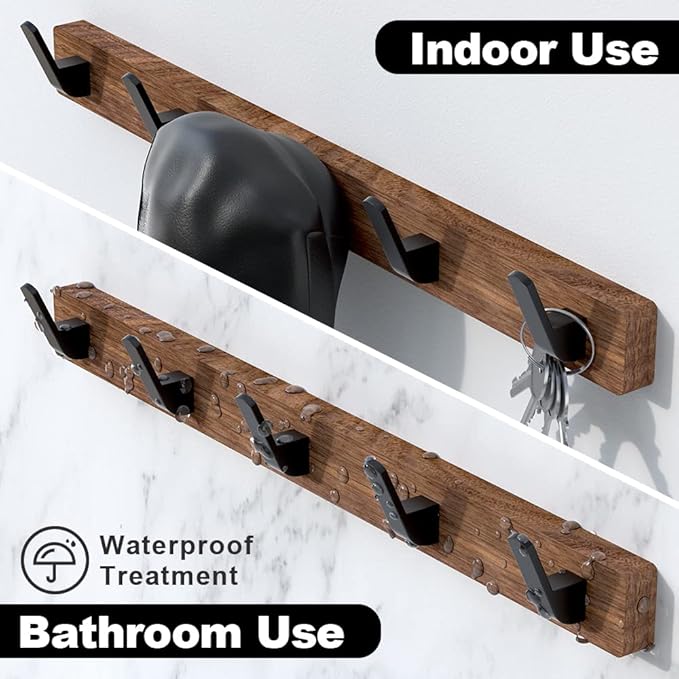 IURRDOP 17 Inch Walnut Wood Wall Mounted Coat Rack with 5 Black Hooks, Adhesive Mounted Entryway Hooks, Modern Natural Wooden Pegs for Hanging Coat Clothes Hat Bag Purse Key and Towel